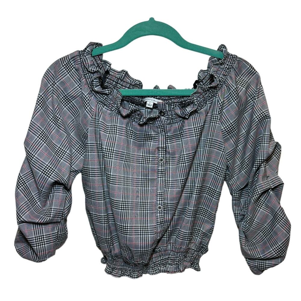 Crescent & Willough Cropped Off Shoulder Plaid Top Sz Large Peasant Cottagecore